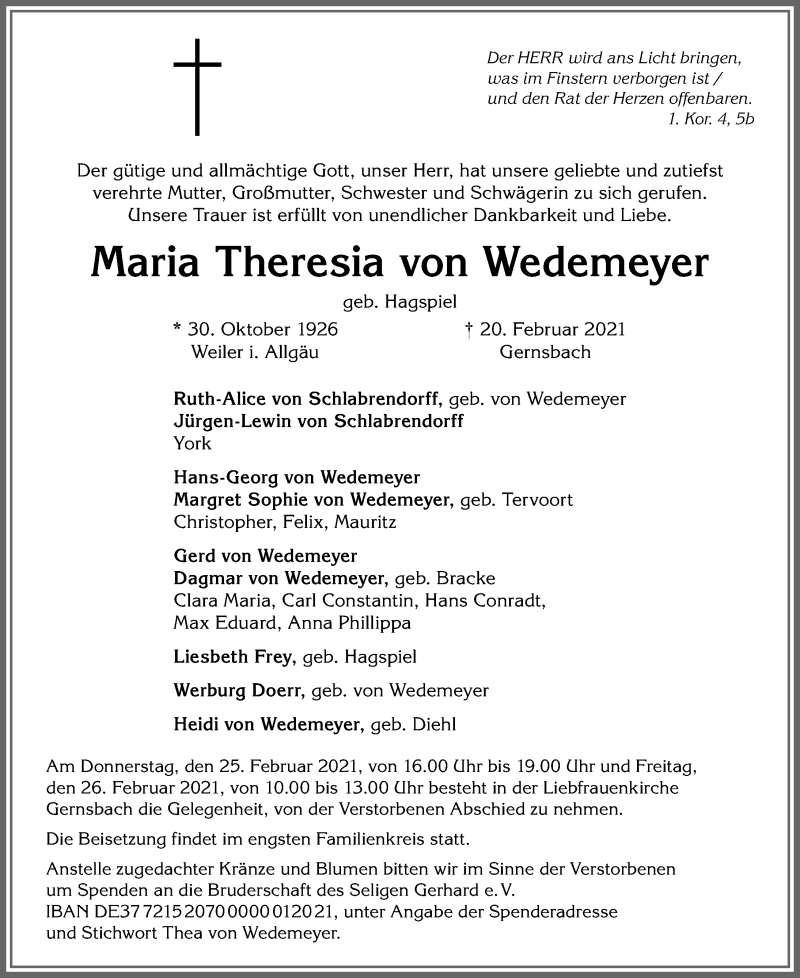 Traueranzeige von Maria Theresia von Wedemeyer von Allgäuer Anzeigeblatt