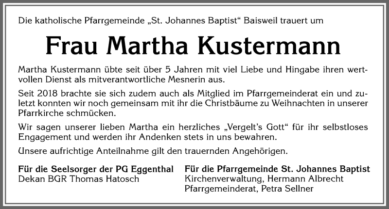 Traueranzeige von Martha Kustermann von Allgäuer Zeitung, Kaufbeuren/Buchloe