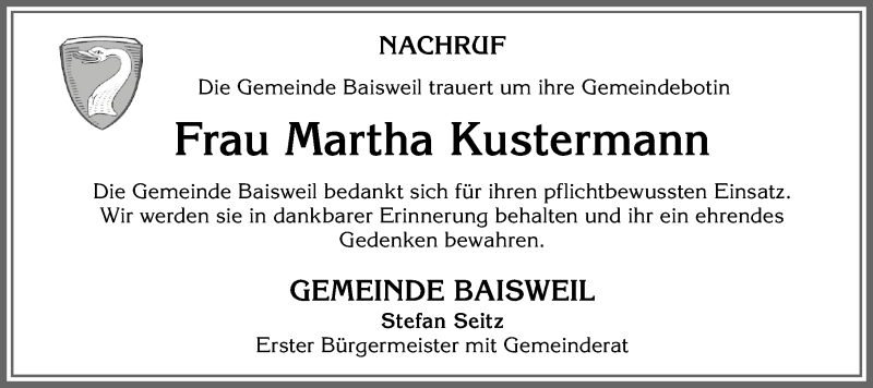 Traueranzeige von Martha Kustermann von Allgäuer Zeitung, Kaufbeuren/Buchloe