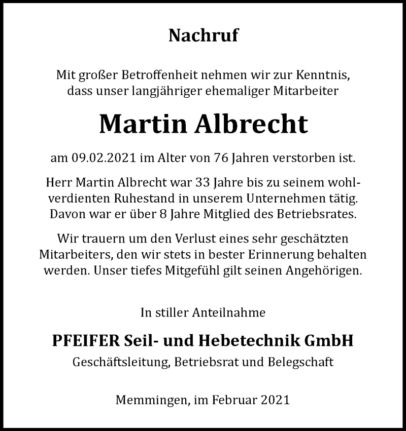 Traueranzeige von Martin Albrecht von Memminger Zeitung