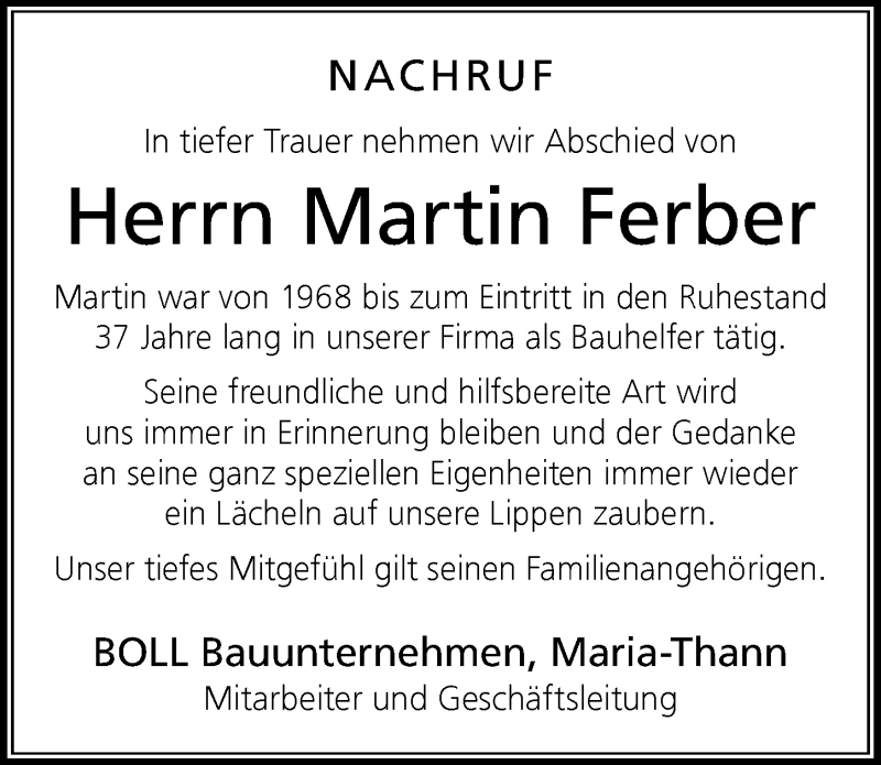 Traueranzeige von Martin Ferber von Der Westallgäuer