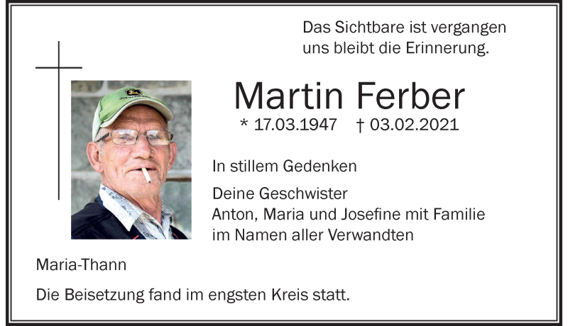 Traueranzeige von Martin Ferber von Der Westallgäuer