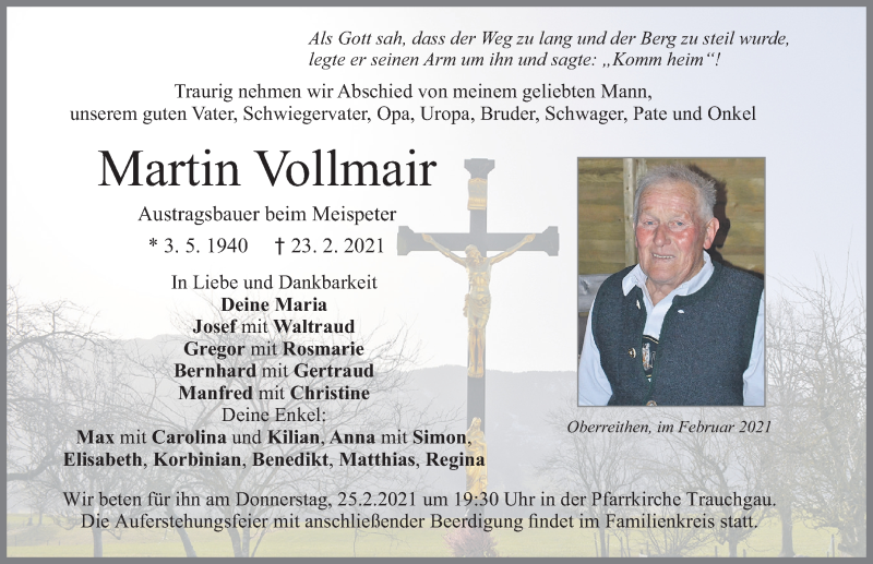 Traueranzeige von Martin Vollmair von Allgäuer Zeitung, Füssen