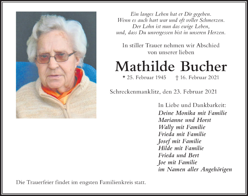 Traueranzeige von Mathilde Bucher von Der Westallgäuer