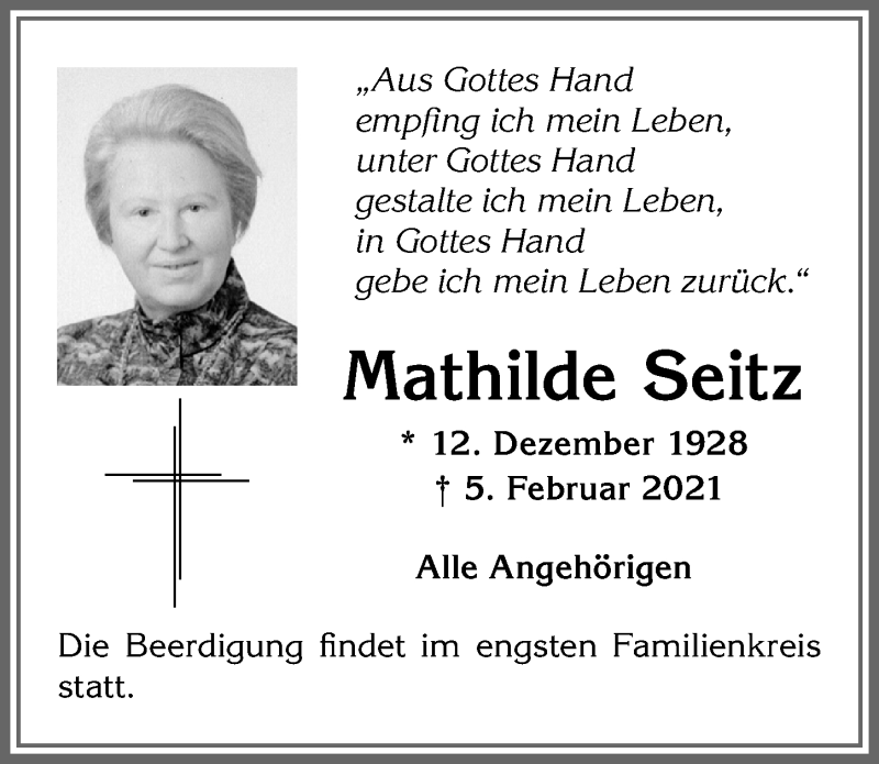 Traueranzeige von Mathilde Seitz von Allgäuer Zeitung,Kempten