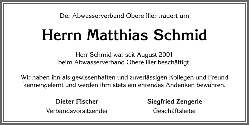 Traueranzeige von Matthias Schmid von Allgäuer Anzeigeblatt