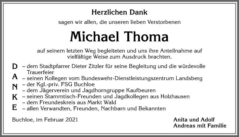 Traueranzeige von Michael Thoma von Allgäuer Zeitung, Kaufbeuren/Buchloe