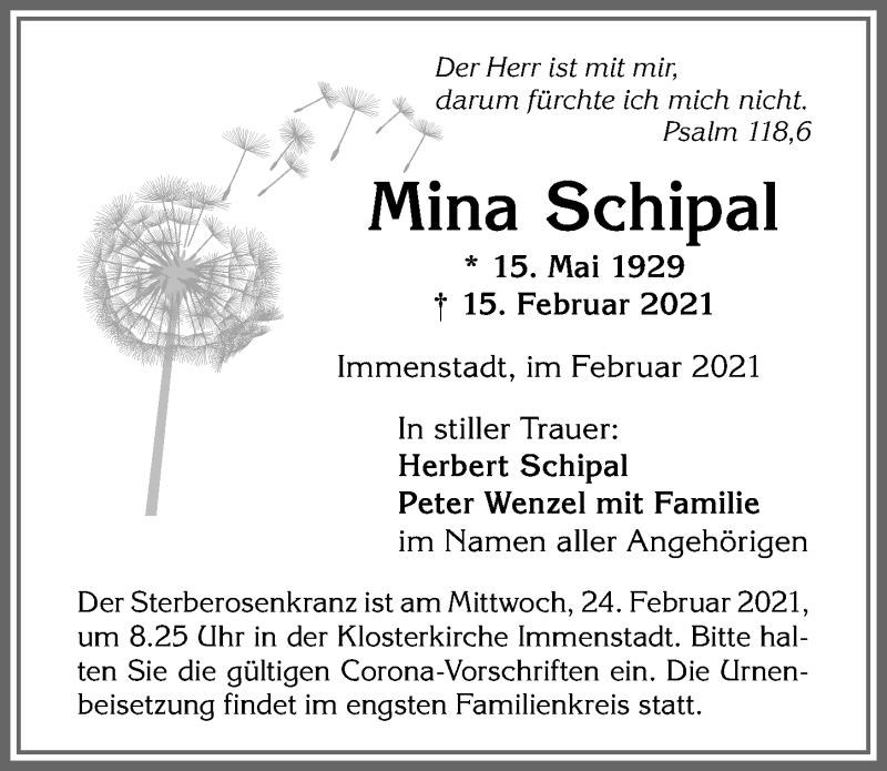 Traueranzeige von Mina Schipal von Allgäuer Anzeigeblatt