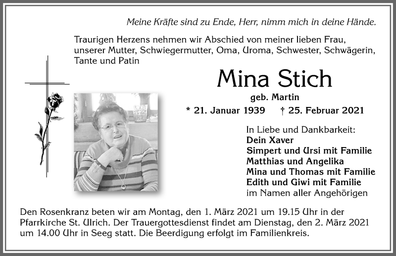 Traueranzeige von Mina Stich von Allgäuer Zeitung, Füssen