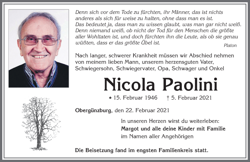 Traueranzeige von Nicola Paolini von Allgäuer Zeitung, Marktoberdorf