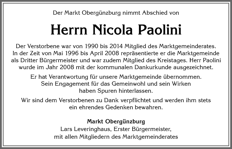 Traueranzeige von Nicola Paolini von Allgäuer Zeitung, Marktoberdorf