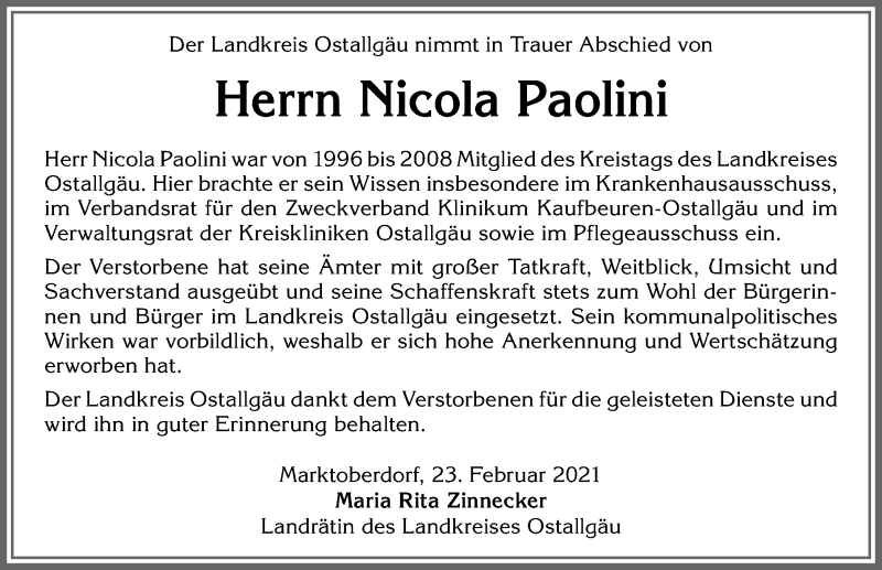 Traueranzeige von Nicola Paolini von Allgäuer Zeitung