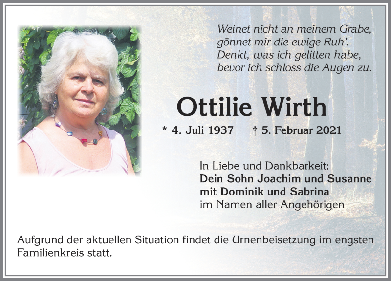 Traueranzeige von Ottilie Wirth von Allgäuer Zeitung,Kempten