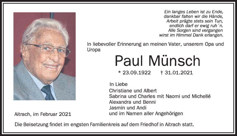 Traueranzeige von Paul Münsch von Memminger Zeitung