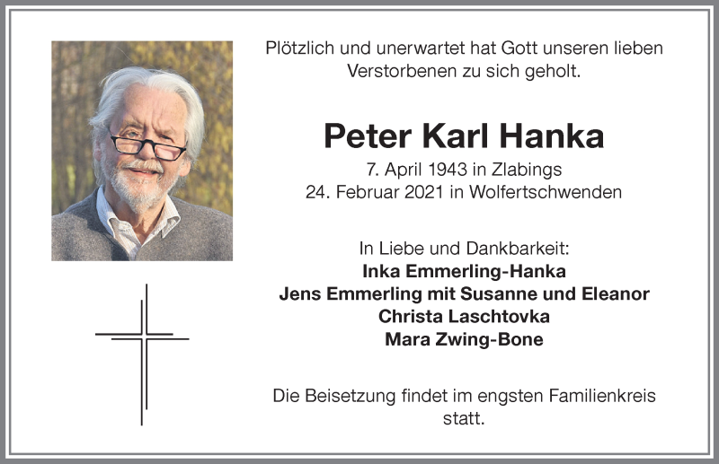 Traueranzeige von Peter Karl Hanka von Memminger Zeitung