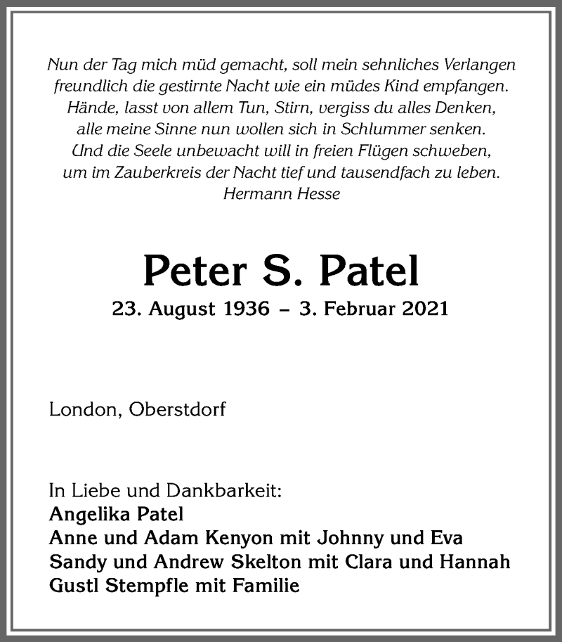 Traueranzeige von Peter S. Patel von Allgäuer Anzeigeblatt