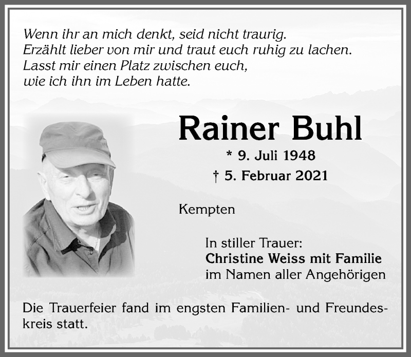 Traueranzeige von Rainer Buhl von Allgäuer Zeitung,Kempten