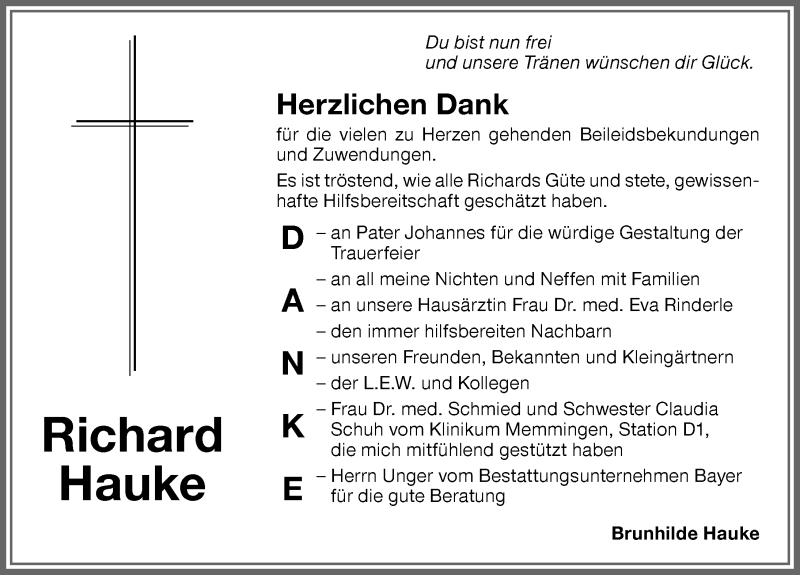 Traueranzeige von Richard Hauke von Memminger Zeitung