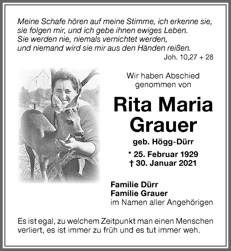 Traueranzeige von Rita Maria Grauer von Memminger Zeitung