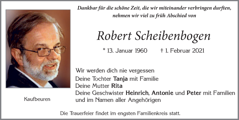 Traueranzeige von Robert Scheibenbogen von Allgäuer Zeitung, Kaufbeuren/Buchloe