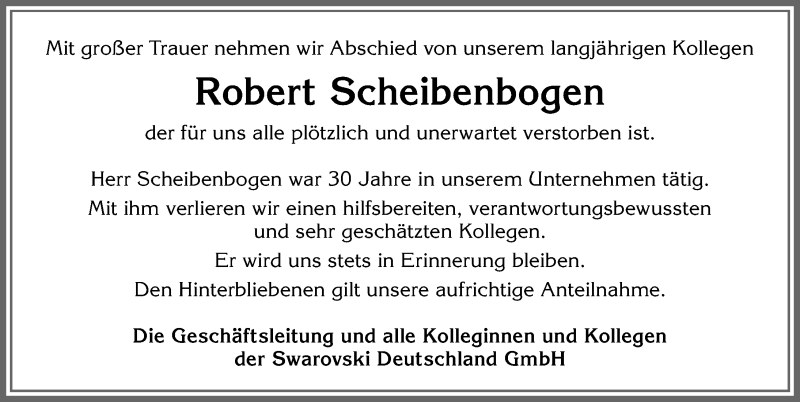 Traueranzeige von Robert Scheibenbogen von Allgäuer Zeitung, Kaufbeuren/Buchloe