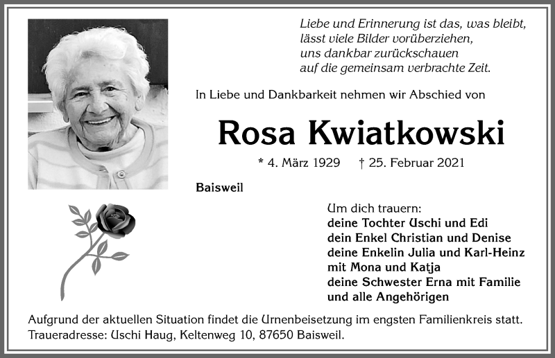 Traueranzeige von Rosa Kwiatkowski von Allgäuer Zeitung, Kaufbeuren/Buchloe