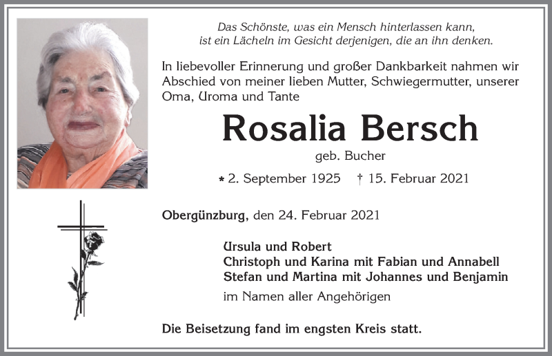 Traueranzeige von Rosalia Bersch von Allgäuer Zeitung, Marktoberdorf