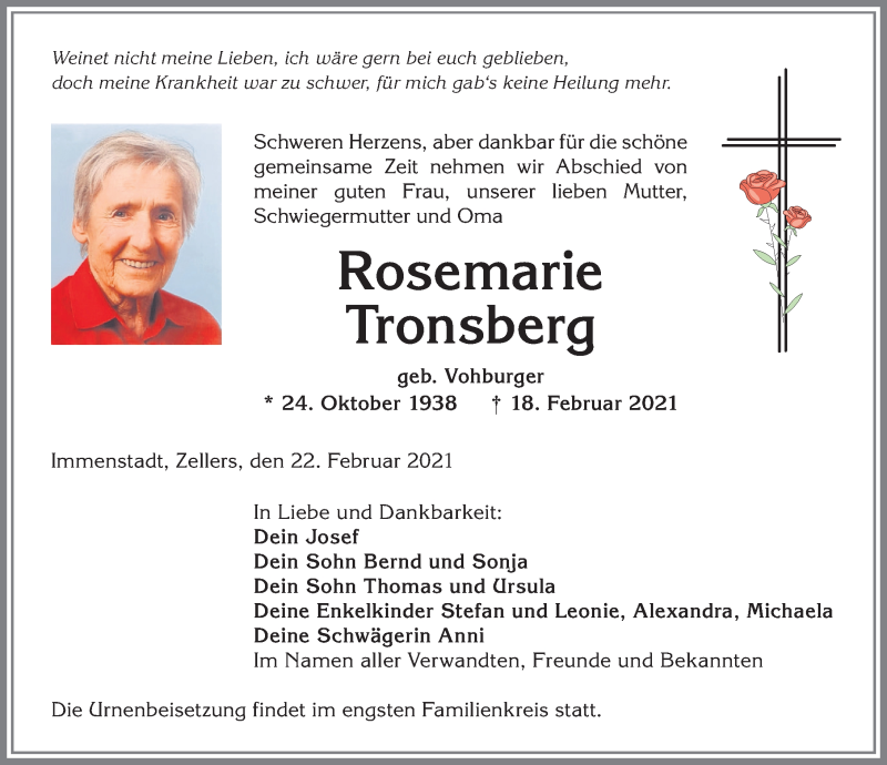 Traueranzeige von Rosemarie Tronsberg von Allgäuer Anzeigeblatt