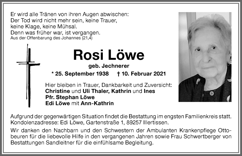 Traueranzeige von Rosi Löwe von Memminger Zeitung