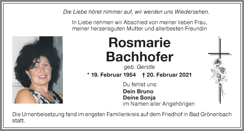 Traueranzeige von Rosmarie Bachhofer von Memminger Zeitung