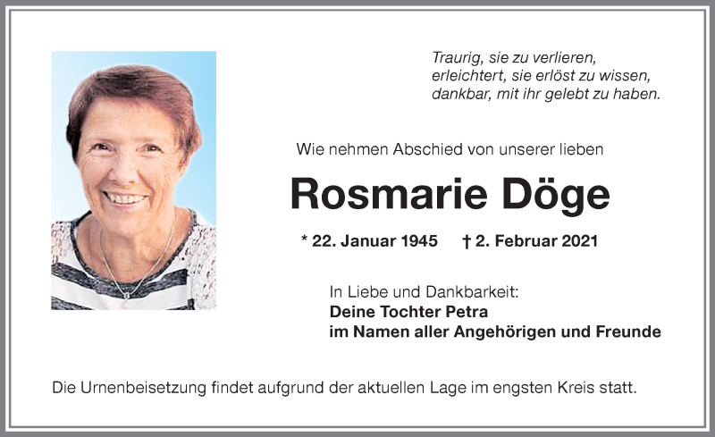 Traueranzeige von Rosmarie Döge von Memminger Zeitung