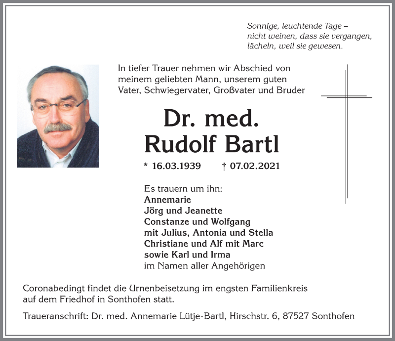 Traueranzeige von Rudolf Bartl von Allgäuer Anzeigeblatt