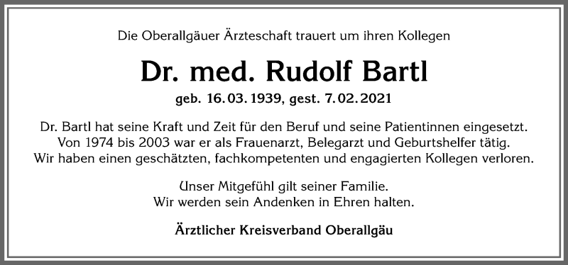 Traueranzeige von Rudolf Bartl von Allgäuer Anzeigeblatt