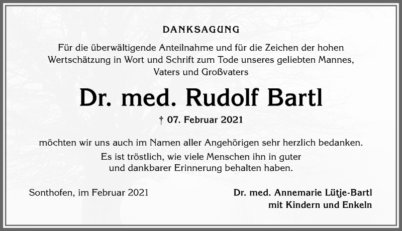 Traueranzeige von Rudolf Bartl von Allgäuer Anzeigeblatt