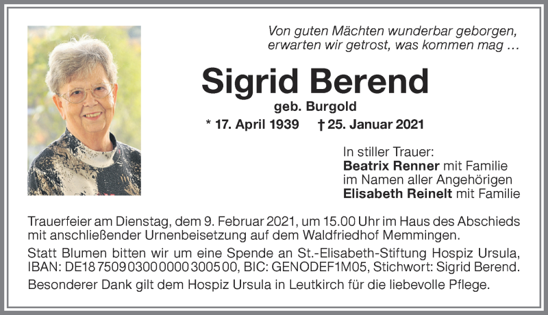 Traueranzeige von Sigrid Berend von Memminger Zeitung