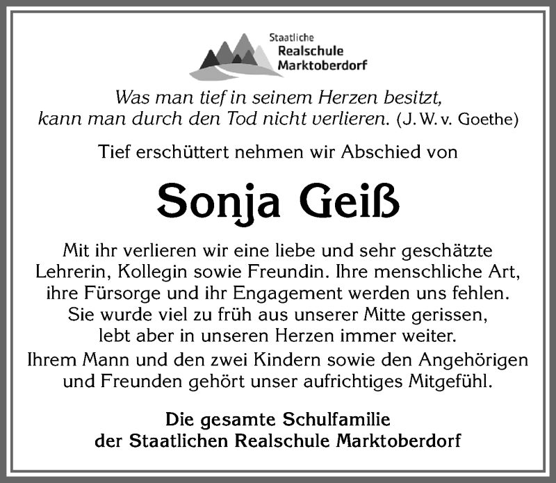 Traueranzeige von Sonja Geiß von Allgäuer Zeitung, Marktoberdorf