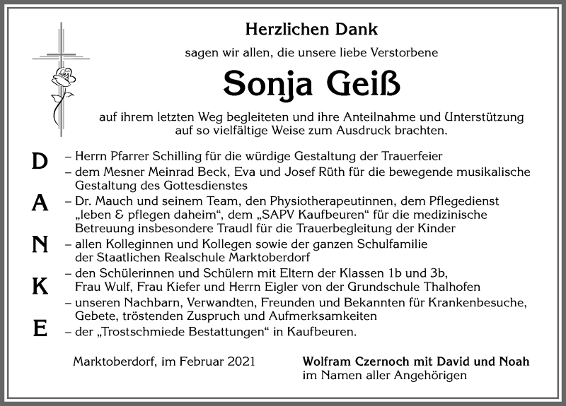 Traueranzeige von Sonja Geiß von Allgäuer Zeitung, Marktoberdorf