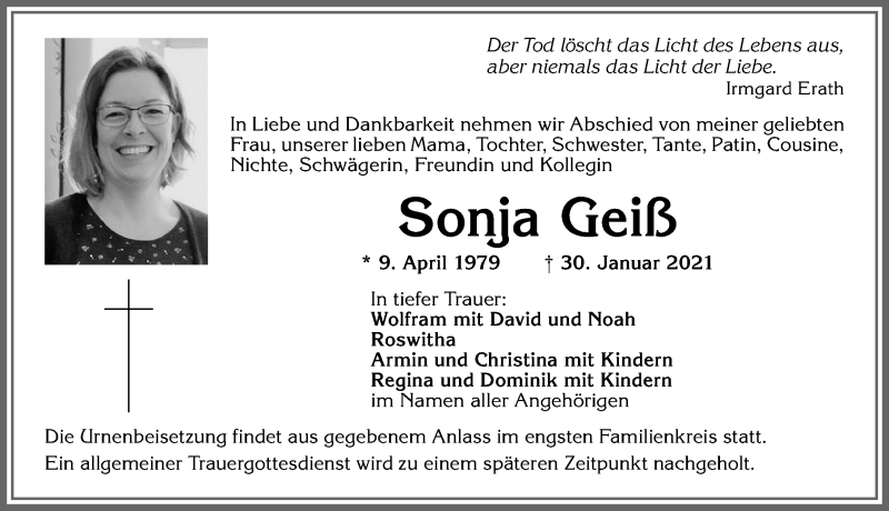 Traueranzeige von Sonja Geiß von Allgäuer Zeitung, Marktoberdorf