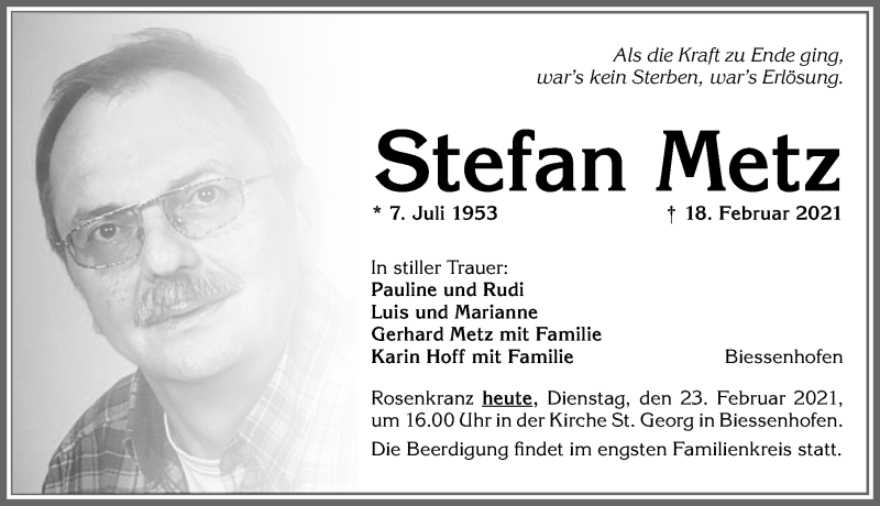 Traueranzeige von Stefan Metz von Allgäuer Zeitung, Marktoberdorf