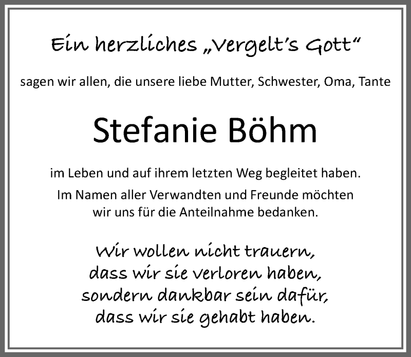 Traueranzeige von Stefanie Böhm von Allgäuer Zeitung, Marktoberdorf