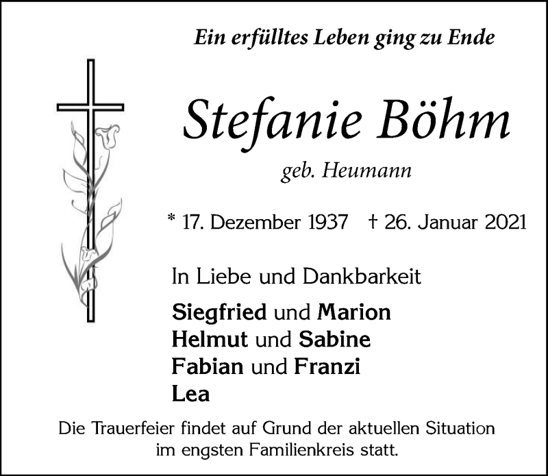 Traueranzeige von Stefanie Böhm von Allgäuer Zeitung, Marktoberdorf