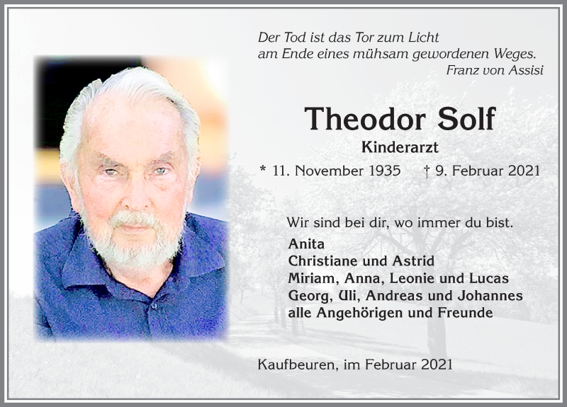 Traueranzeige von Theodor Solf von Allgäuer Zeitung, Kaufbeuren/Buchloe