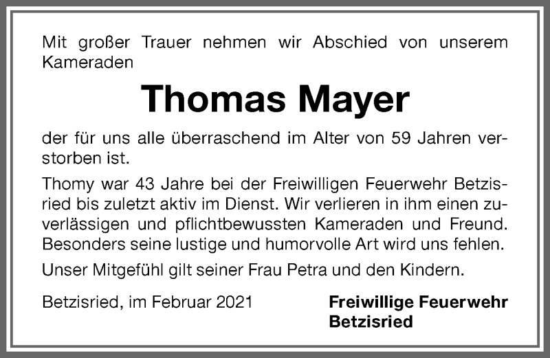 Traueranzeige von Thomas Mayer von Memminger Zeitung