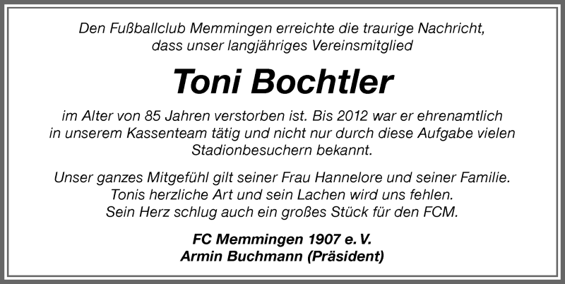 Traueranzeige von Toni Bochtler von Memminger Zeitung