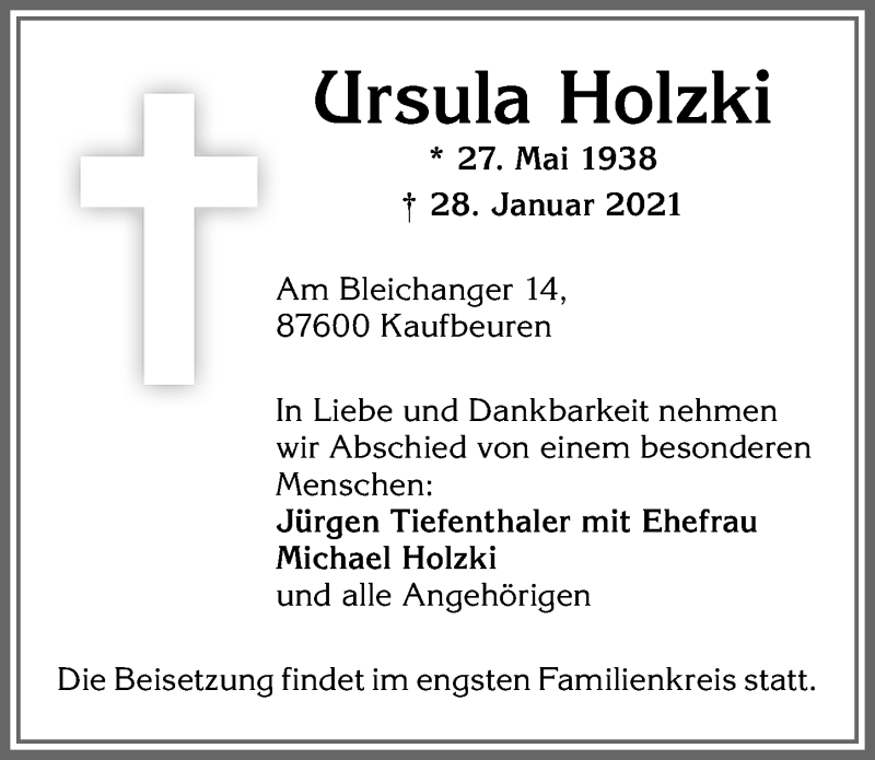 Traueranzeige von Ursula Holzki von Allgäuer Zeitung, Kaufbeuren/Buchloe