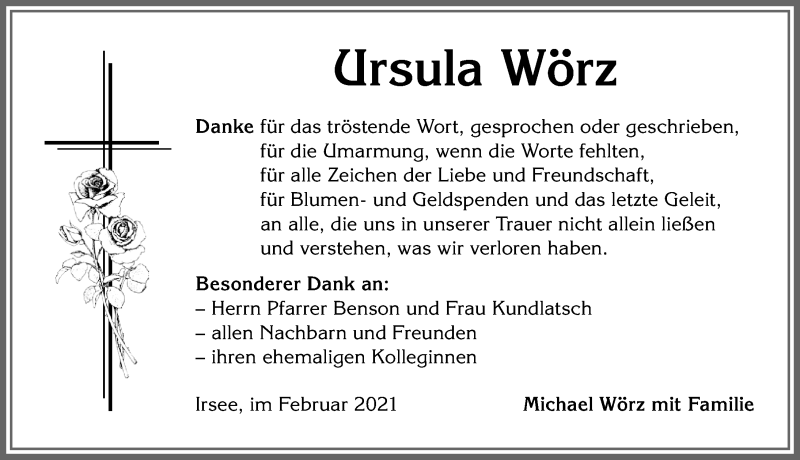 Traueranzeige von Ursula Wörz von Allgäuer Zeitung, Kaufbeuren/Buchloe