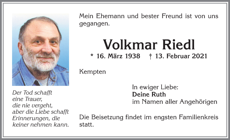 Traueranzeige von Volkmar Riedl von Allgäuer Zeitung,Kempten