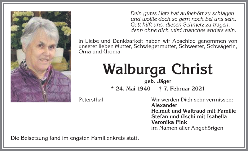 Traueranzeige von Walburga Christ von Allgäuer Zeitung,Kempten