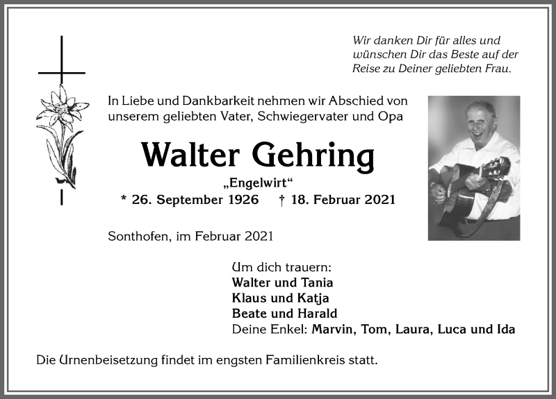 Traueranzeige von Walter Gehring von Allgäuer Anzeigeblatt