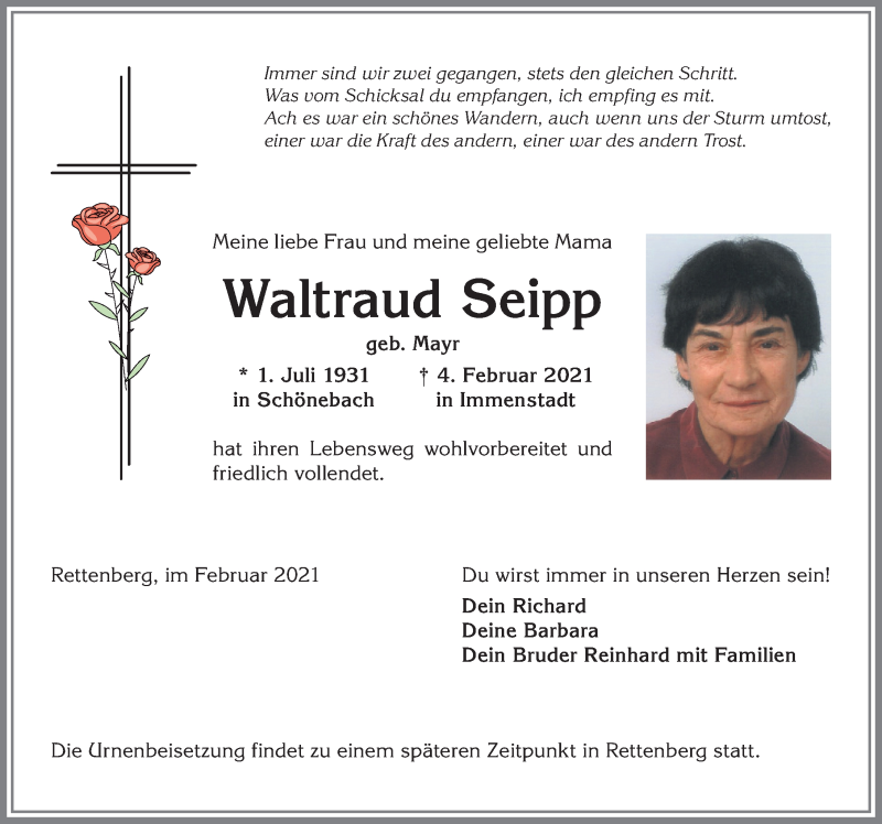 Traueranzeige von Waltraud Seipp von Allgäuer Anzeigeblatt